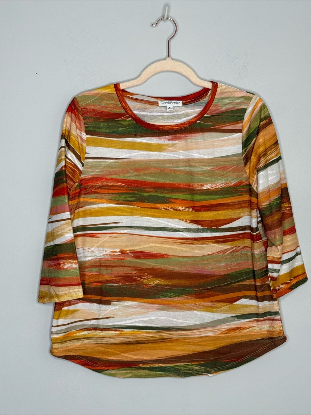 NorthStyle Watercolor Print Crew Neck Multicolor Top Womens M 3/4 Sleeve
